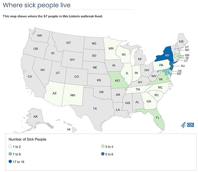 The map above shows the states where illnesses related to the listeria outbreak in deli meat have been reported.