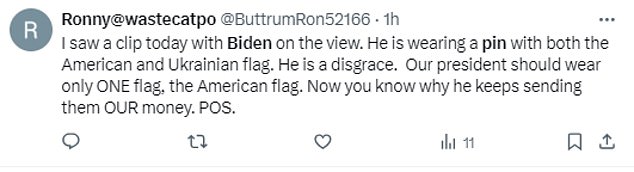 Many viewers were angered by Biden's choice of pin, accusing the president of putting foreign interests above those of the United States.