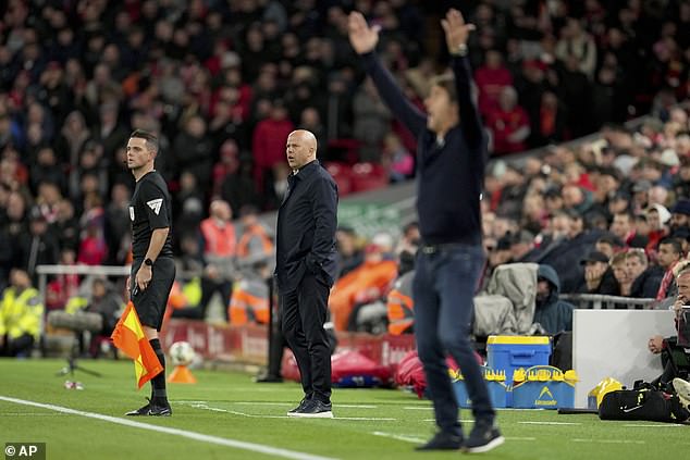 Liverpool manager Arne Slot (centre) watched his side secure a dominant League Cup victory.