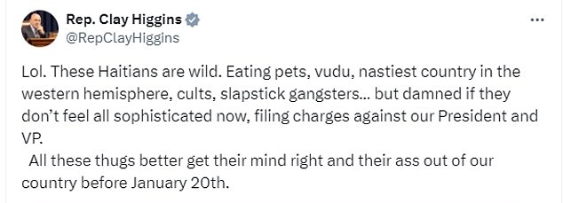 The lawmaker posted, and then deleted, a message repeating Trump's false claim that Haitian immigrants had been eating their neighbors' pets and calling on them to leave the country.