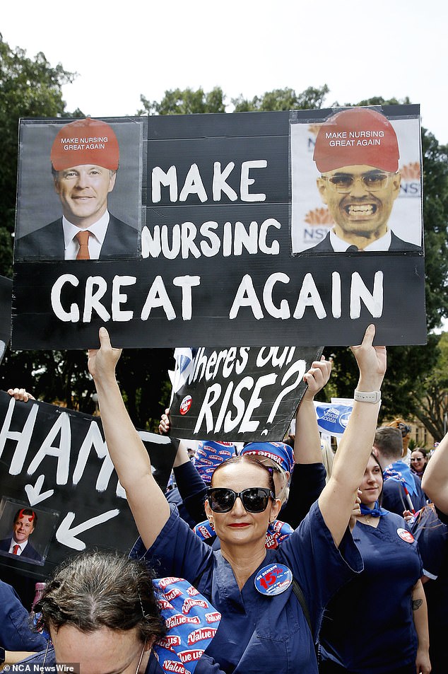 One poster (pictured) featured doctored photos of Mr Minns and NSW Treasurer Daniel Mookhey wearing red Donald Trump-style caps that read 