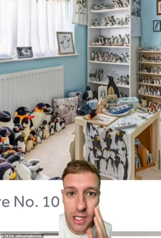 On TikTok, the @housinghorrors page reacted with shock to the surprising room, exclaiming: 'Oh my god I've never seen so many penguins in my entire life.'