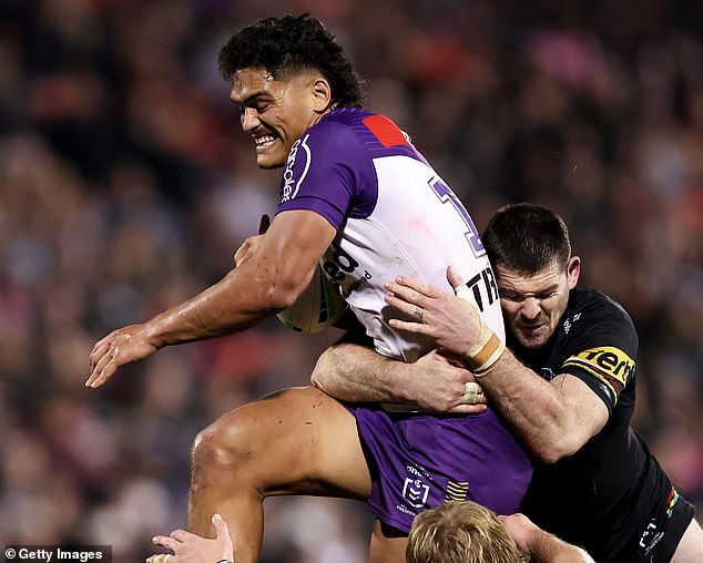 A family violence service reported a 30-40 per cent increase in demand over the AFL and NRL Grand Final weekend last year (pictured, NRL Grand Final prospects Melbourne and Penrith in action last month)