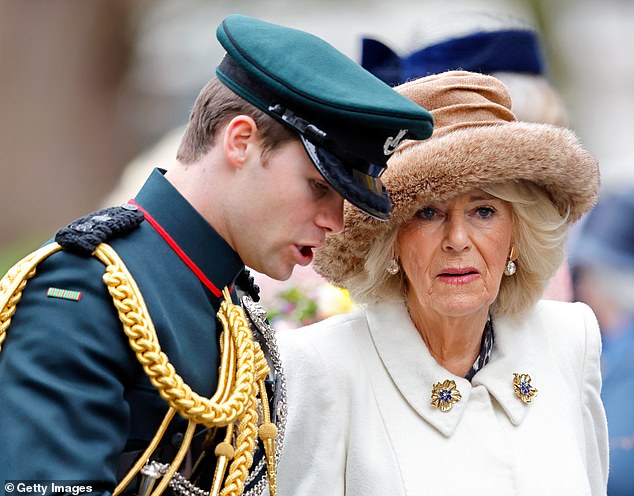 Major Oliver Plunket accompanies Camilla on her visit to the 95th Field of Remembrance at Westminster Abbey in November last year.