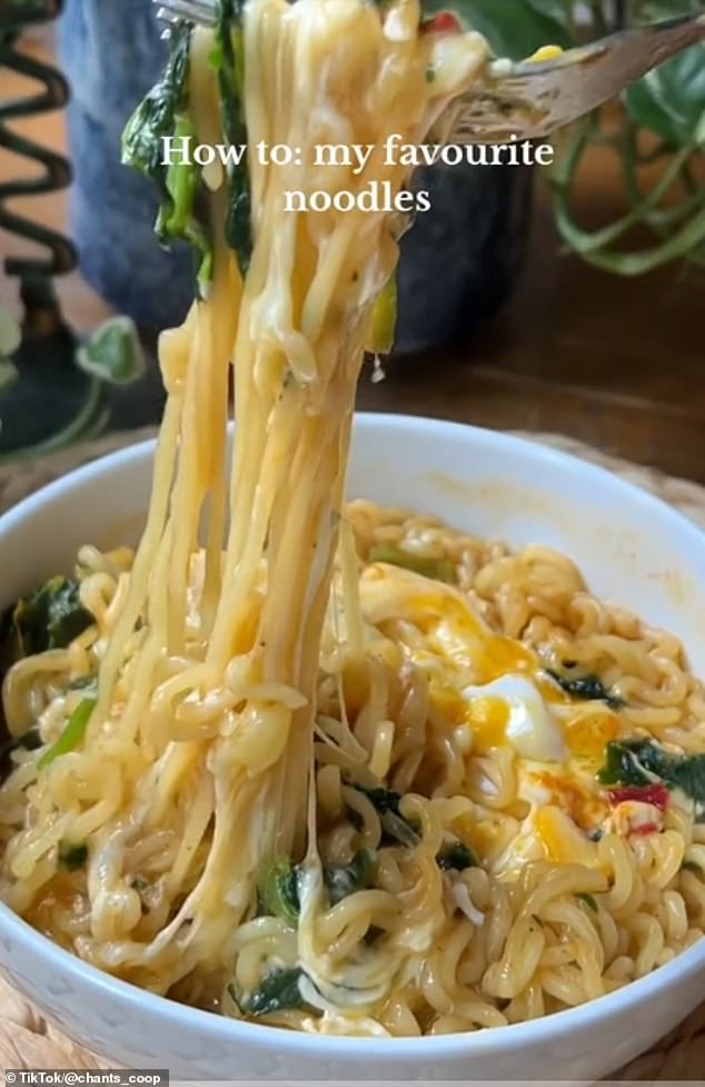 Food content creator Chantal Coop shared her noodle recipe on TikTok, adding egg and cheese to the Shin Ramyun packet to create her meal 