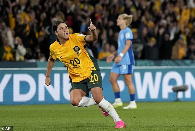 Kerr (pictured, playing for the Matildas at the 2023 World Cup) was locked in a cell at a London police station on the night she allegedly racially harassed a police officer in January 2023.