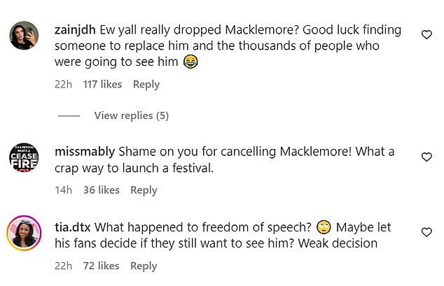 Comments about Macklemore being removed from the free music festival angered several social media users who criticised the decision.