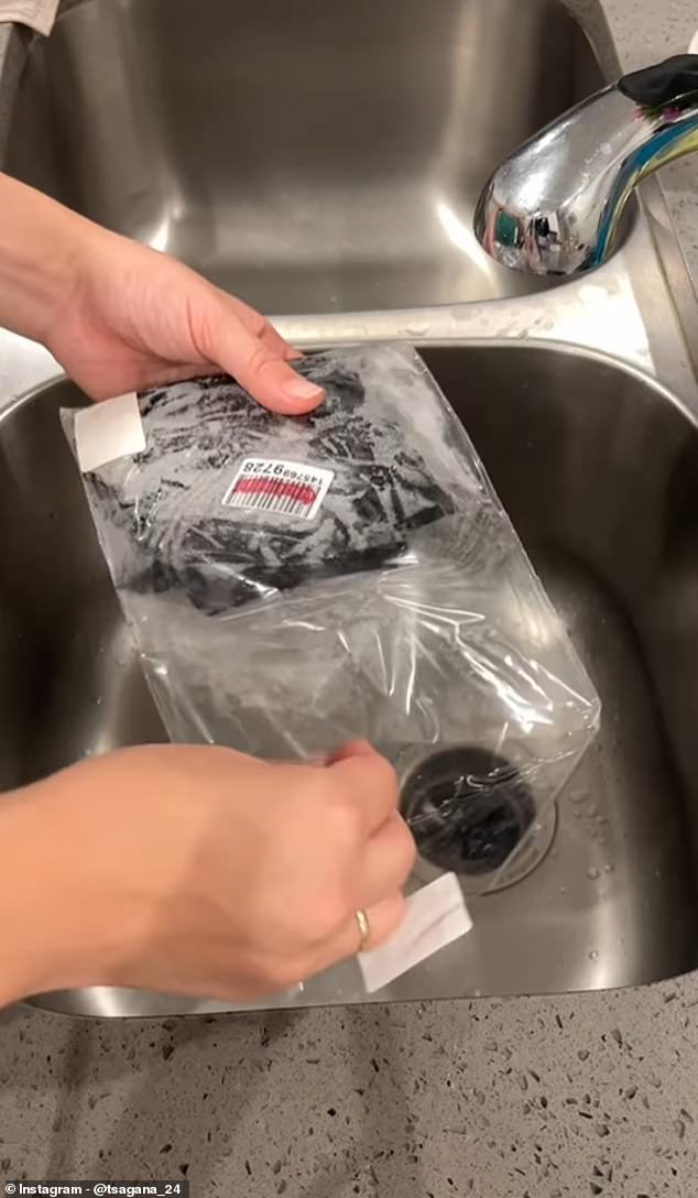 The mother's step-by-step process involves soaking the socks in a bowl of cold water, placing them back in their wrapping and freezing them for 24 hours.