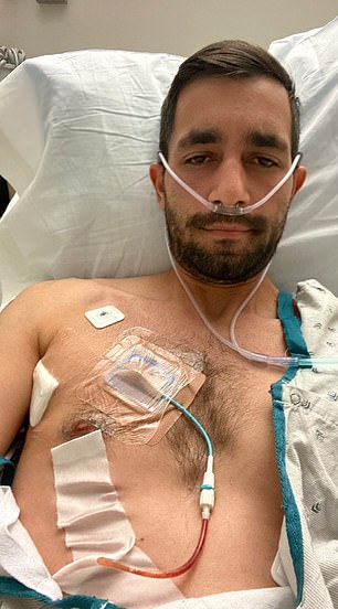 Joe Faratzis, now 34, pictured in hospital during his treatment.