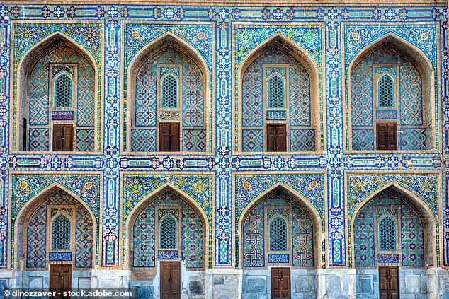 Stunning: Above, the gleaming arches of a tiled mausoleum in Samarkand, Uzbekistan, which Matt says is 