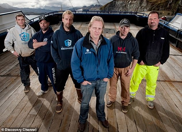 Mavar is seen on the right with the Deadliest Catch crew, including Captain Sig Hansen (center), whom he would later sue.