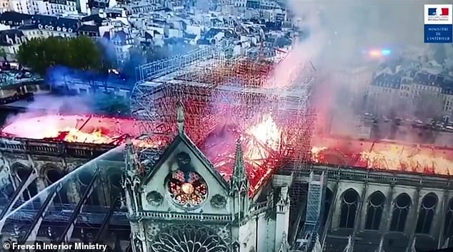 Drone footage from the French Interior Ministry showed the devastation of the cathedral's centuries-old wooden roof.