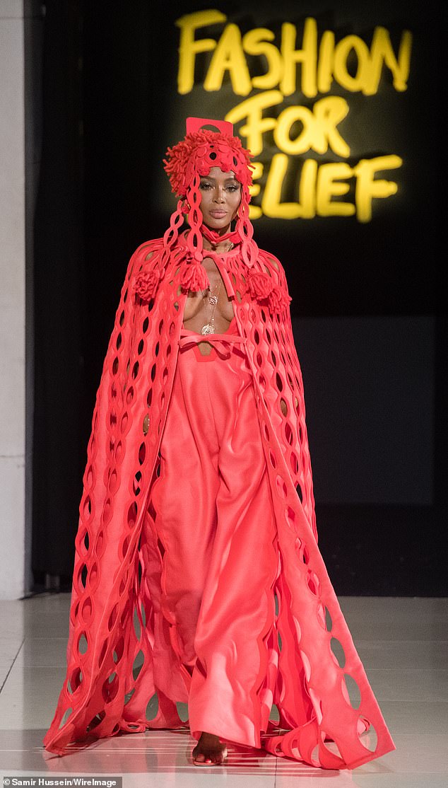 Naomi Campbell played a prominent role in the catwalk shows organised on behalf of her charity Fashion For Relief; she is seen here during London Fashion Week in September 2019.