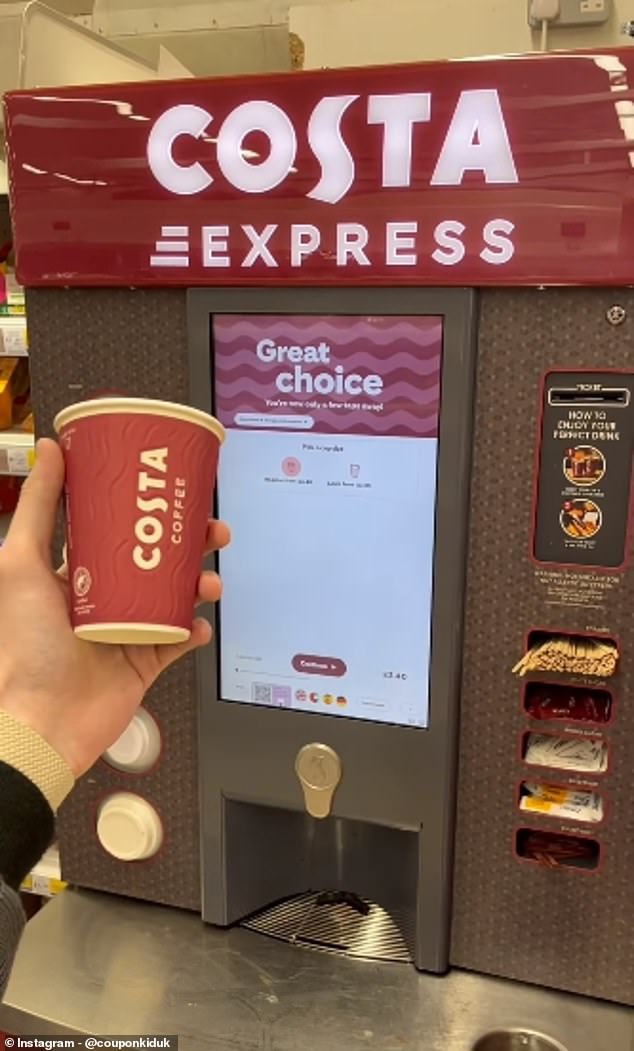 Cox said: 'You can get a hot Costa coffee drink from the self-service machines as part of your meal! It has to be the normal size, but it can cost £3.40 on its own!'