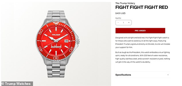 A clock in red 'Fight Fight Fight' references what Trump yelled at the crowd after the first assassination attempt in Butler, Pennsylvania. It is advertised as waterproof.