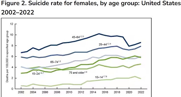 The above shows suicide rates by age group over time among American women.