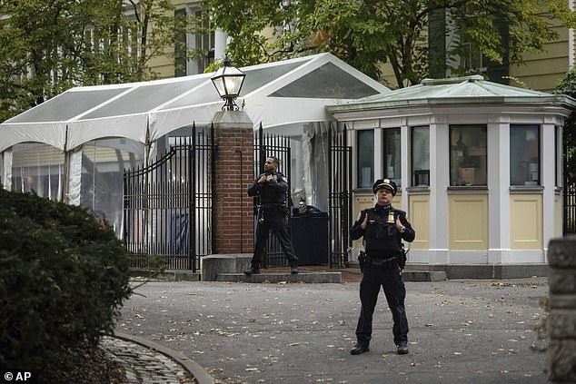 An NYPD officer stands outside Gracie Mansion, the official residence of New York City Mayor Eric Adams, on Thursday.