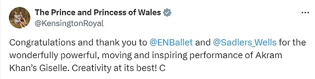 The Princess of Wales revealed she attended a ballet performance at Sadler's Wells, London, this afternoon and praised the 