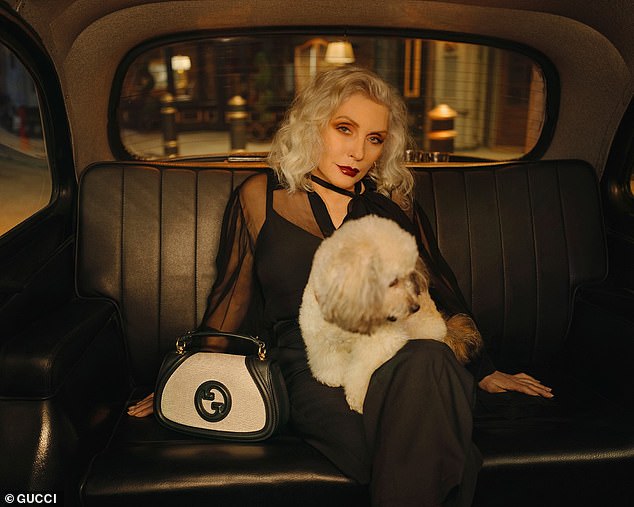 The Blondie frontwoman easily defied her 79 years in a sheer black ensemble as she modeled the $4,200 Gucci Blondie 'Medium Top Handle Bag' while a white dog sat on her lap.