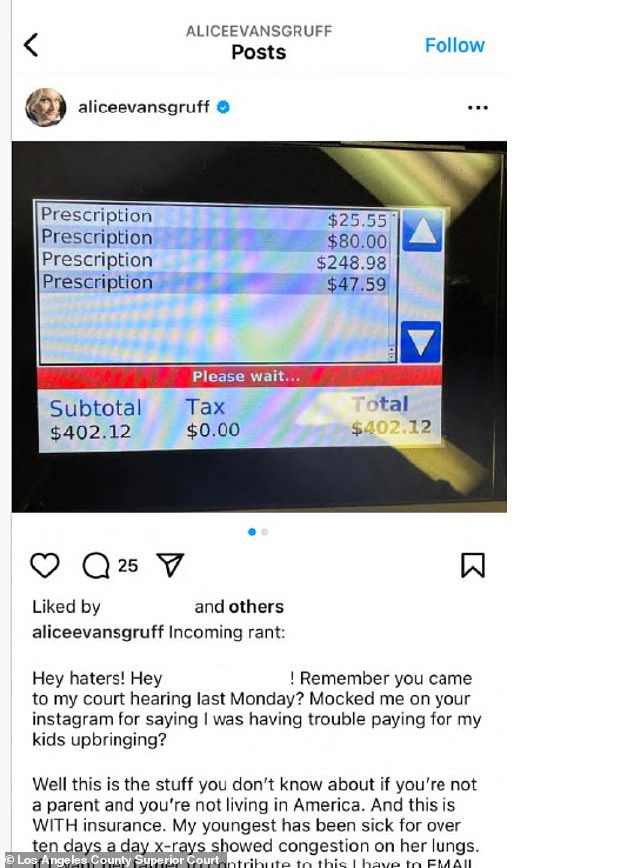 On September 23, Evans allegedly made an angry post bemoaning the high cost of healthcare and showed a $402 prescription bill for medication to treat a pulmonary congestion disorder for her daughter Elsie.