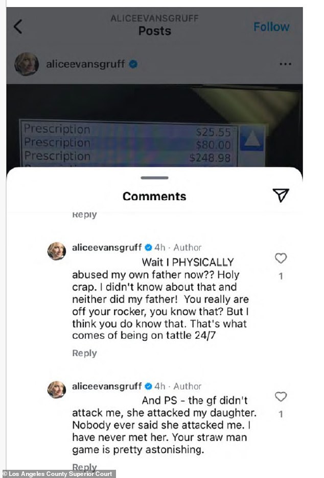 In the comments, he claimed that Gruffudd's girlfriend 'attacked' his daughter.