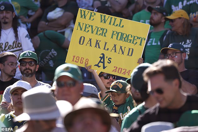 A's fans hold a sign after the Oakland Athletics defeated the Texas Rangers.