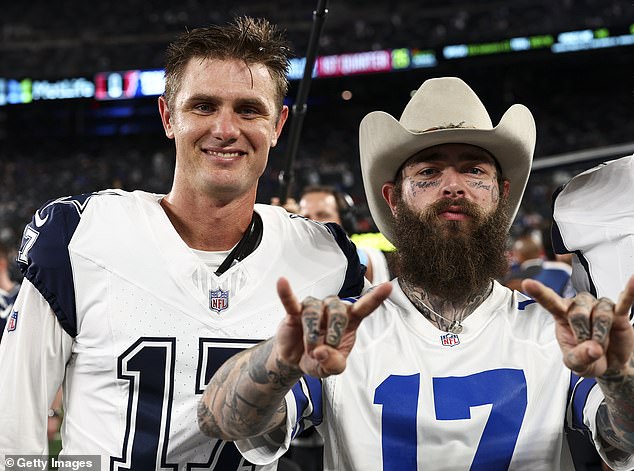 Brandon Aubrey #17 of the Dallas Cowboys poses for a photo with Post Malone