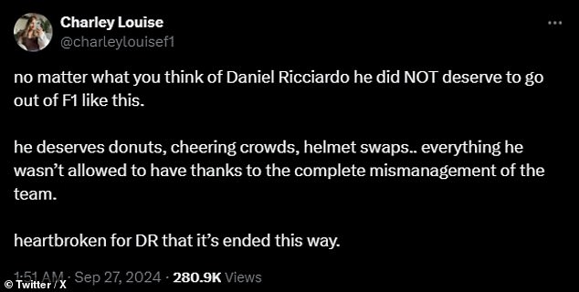 The fact that Ricciardo was sacked with five races left in the championship, denying him a proper farewell, left many F1 fans devastated.