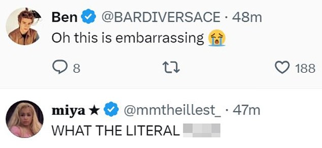 Others were less supportive of @BARDIVERSACE saying: 'Oh this is embarrassing' and @mmtheillest said: 'WHAT THE LITERAL FUCK!'