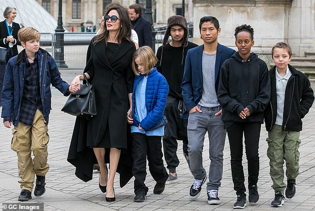 They conceived three biological children: Shiloh, 18, and twins Knox and Vivienne, 16, and also adopted Maddox, 22, Pax, 20, and Zahara, 19; Jolie photographed with her six children in 2018