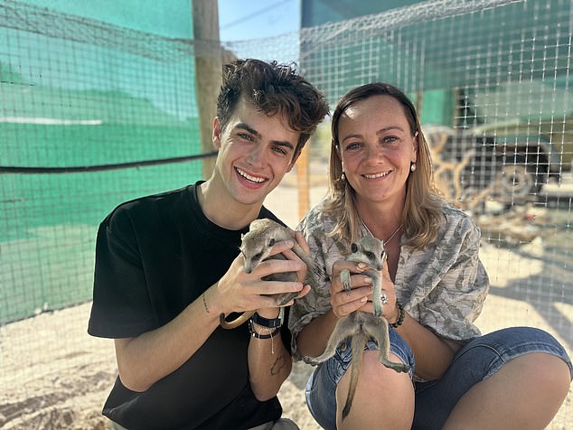 Kyle flew to South Africa and drove eight hours to the Kalahari Desert to learn from Alma Celeste Stafford, pictured, whose rehabilitation center rescues them from the pet trade.