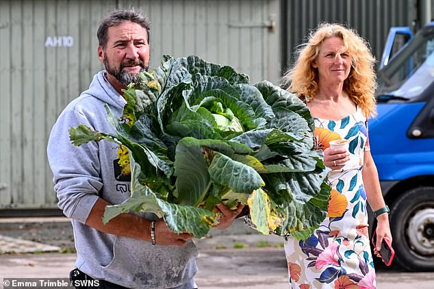 A man carries a giant vegetable to the Three Counties Showground in Malvern for the show.