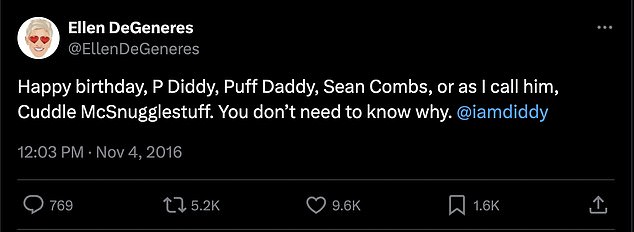 A 2016 tweet from the comedian, 66, has been recirculating on X (formerly Twitter) in recent days, in which she referred to Diddy as 'Cuddle McSnugglestuff.'