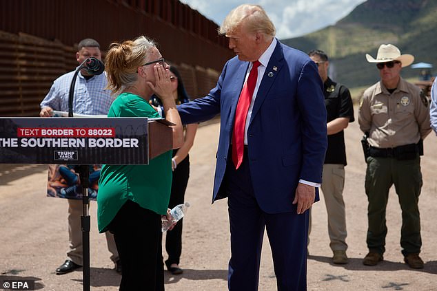 Trump speaks at a campaign event in Cochise County, Arizona, in August. Sheriff Dannels can be seen in the image above standing on the right wearing a hat.