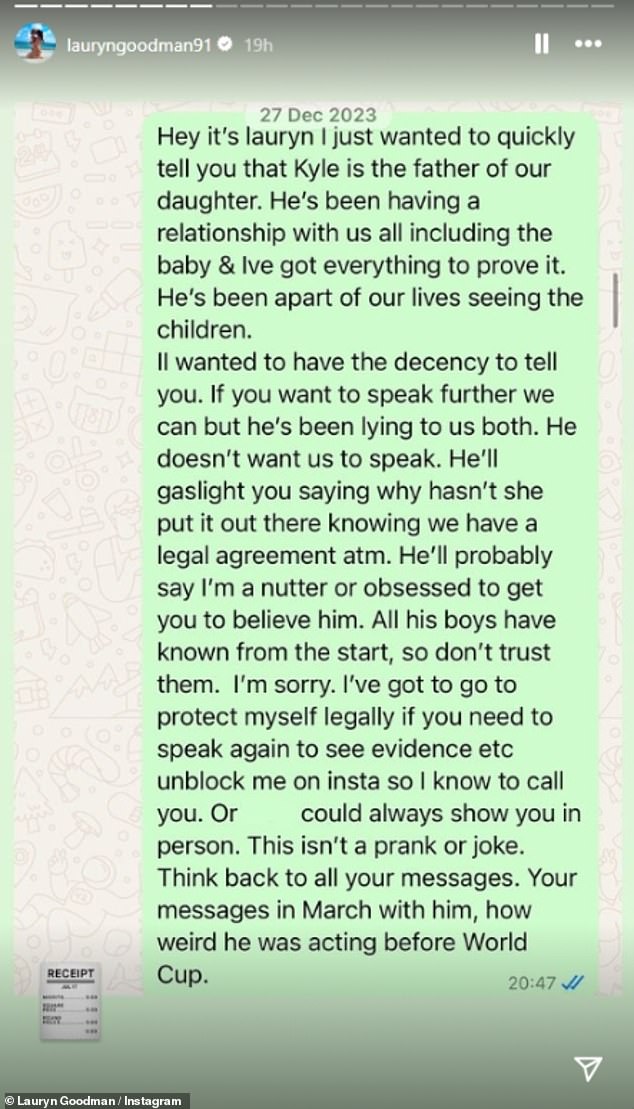 The mother of two also shared the full text message she sent to Annie last December when she revealed that Kyle was the father of her daughter.