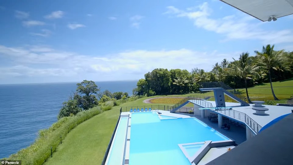 From the pool, there is a stunning view of the Pacific Ocean as the estate rests on a cliff.