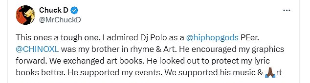 Public Enemy's Chuck D said in a post on X/Twitter: 