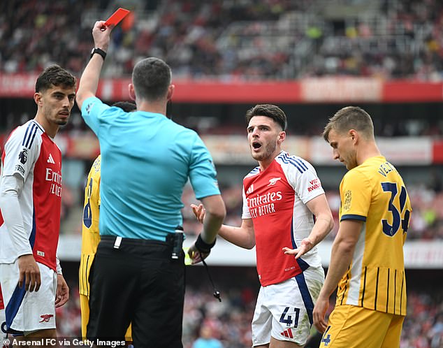 Declan Rice (centre right) suffered the same fate as Trossard weeks earlier against Brighton