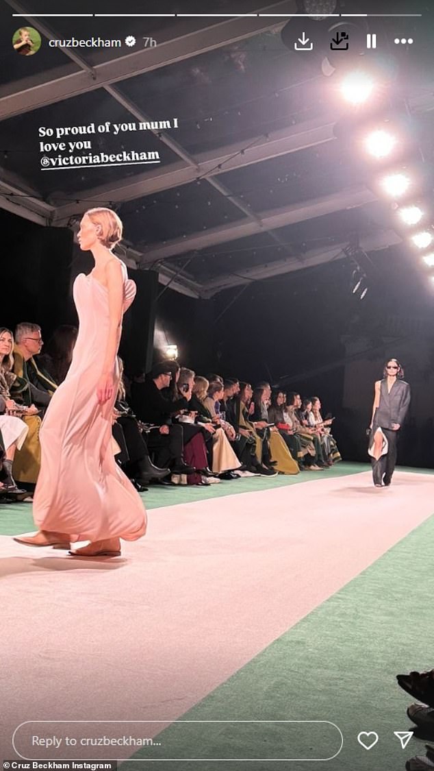 Cruz, who was sitting in the front row with his family, shared a photo of two models strutting down the runway while congratulating his mother.