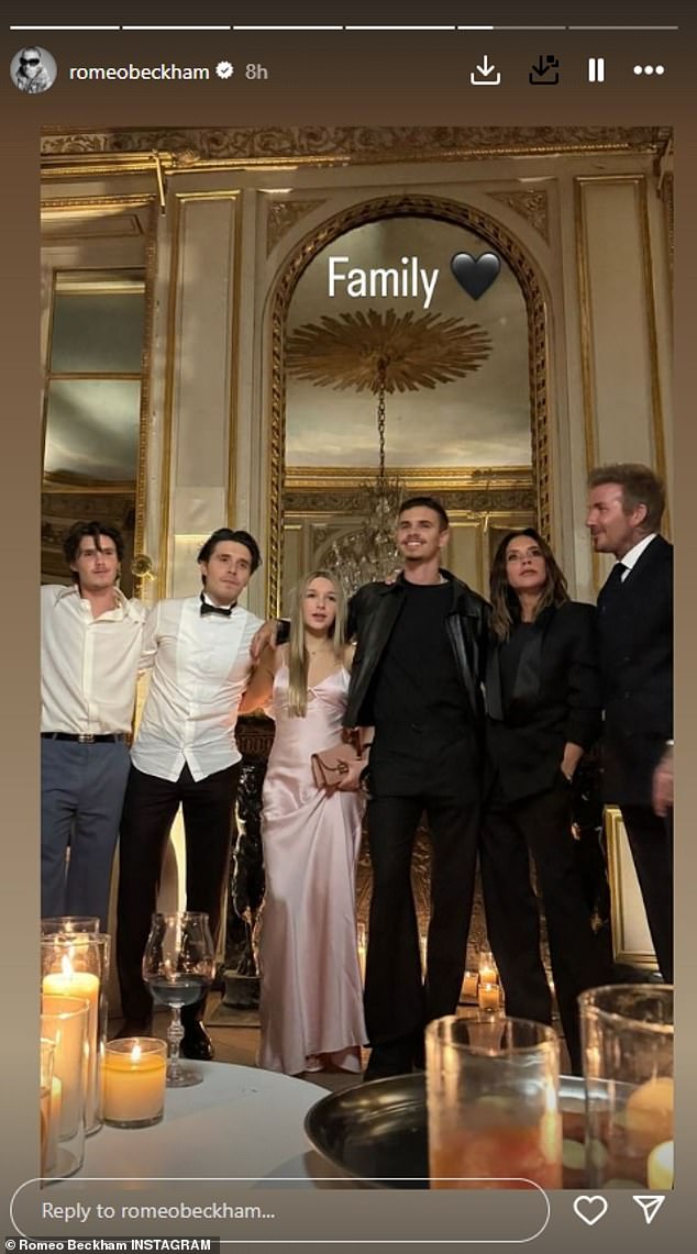 The Beckham clan was in full force that night, led by her husband David, 49, and their children Brooklyn, 25, Romeo, 22, Cruz, 19, and Harper, 13, as well as Brooklyn's wife , Nicola Peltz, 29, and Cruz's girlfriend, Jackie Apostel.