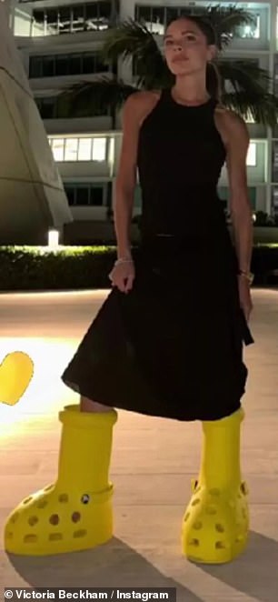 It comes after her mum Victoria ditched her signature heels to pose in the same oversized yellow cartoon boots last year.