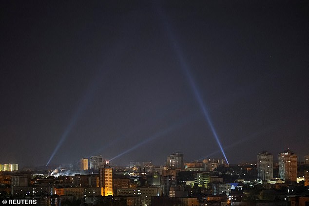 Searchlights in the Ukrainian capital. The Ukrainian air force said it had shot down 69 of 73 drones fired overnight from Russia. At least 15 drones were intercepted on the outskirts of Kyiv