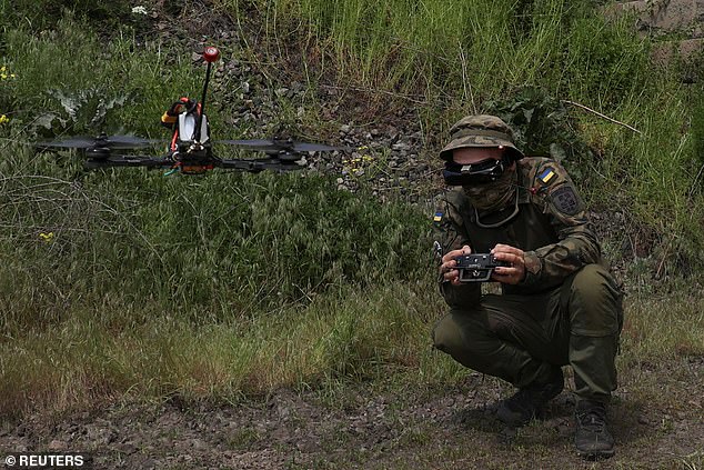 A Ukrainian Marine attends FPV drone flight training on May 15, 2023