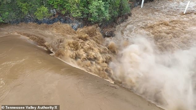 Pictured: The Nolichucky Dam in East Tennessee. The dam burst with 30,000 cubic feet of water per second about a day ago.