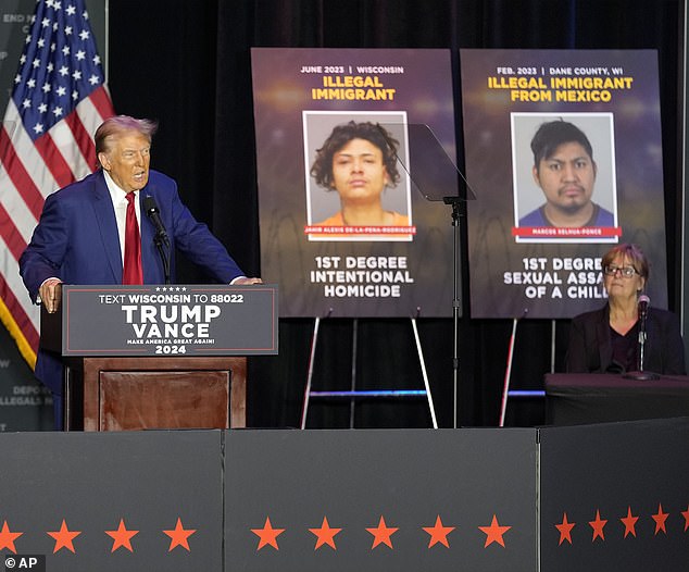 On the scene of the Wisconsin rally with Trump were three mugshots of men in the United States illegally accused of a crime, including Alejandro José Coronel Zárate, a case Trump cited in his speech.