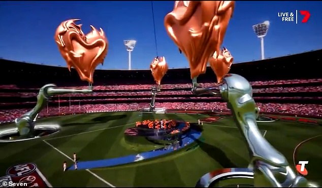 Although fans praised his vocal talent, many viewers were baffled by the strange CGI (pictured) during the show, which they claimed had no place in an AFL Grand Final.