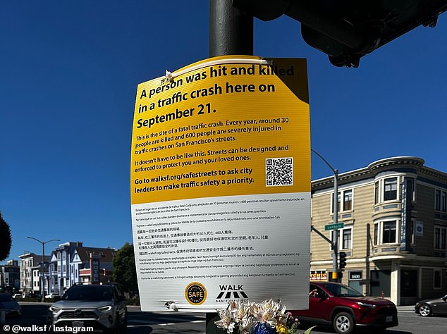 Walk San Francisco placed signs near pedestrians who died along Lombard Street