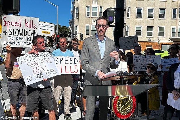 Senator Scott Wiener spoke at a press conference about Senate Bill 690, which aims to protect pedestrians when crossing San Francisco streets.