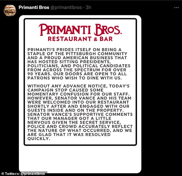 In a statement posted on social media, Primanti Bros said the situation was subsequently resolved.