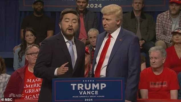 Cast member Bowen Yang appeared on stage as Trump's vice president, JD Vance, with Trump's staff removing bulletproof glass as he took the podium.